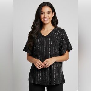 Bebonnie Women's Flutter Sleeve Blouse Black White Dotted Stripe V-Neck Size S/M